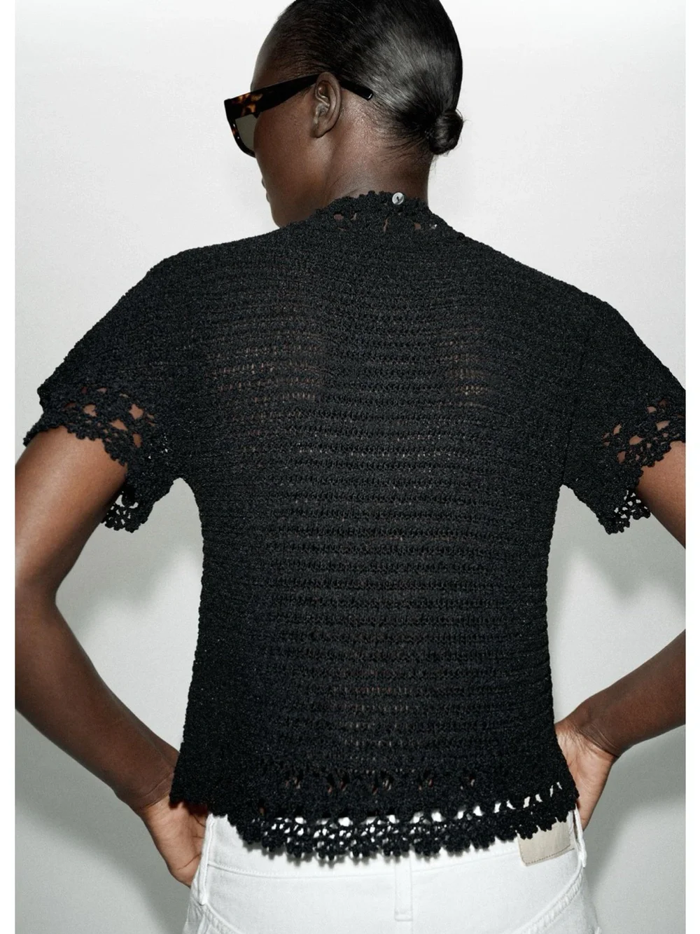 Zara Black Crochet Short Sleeve Knit Top